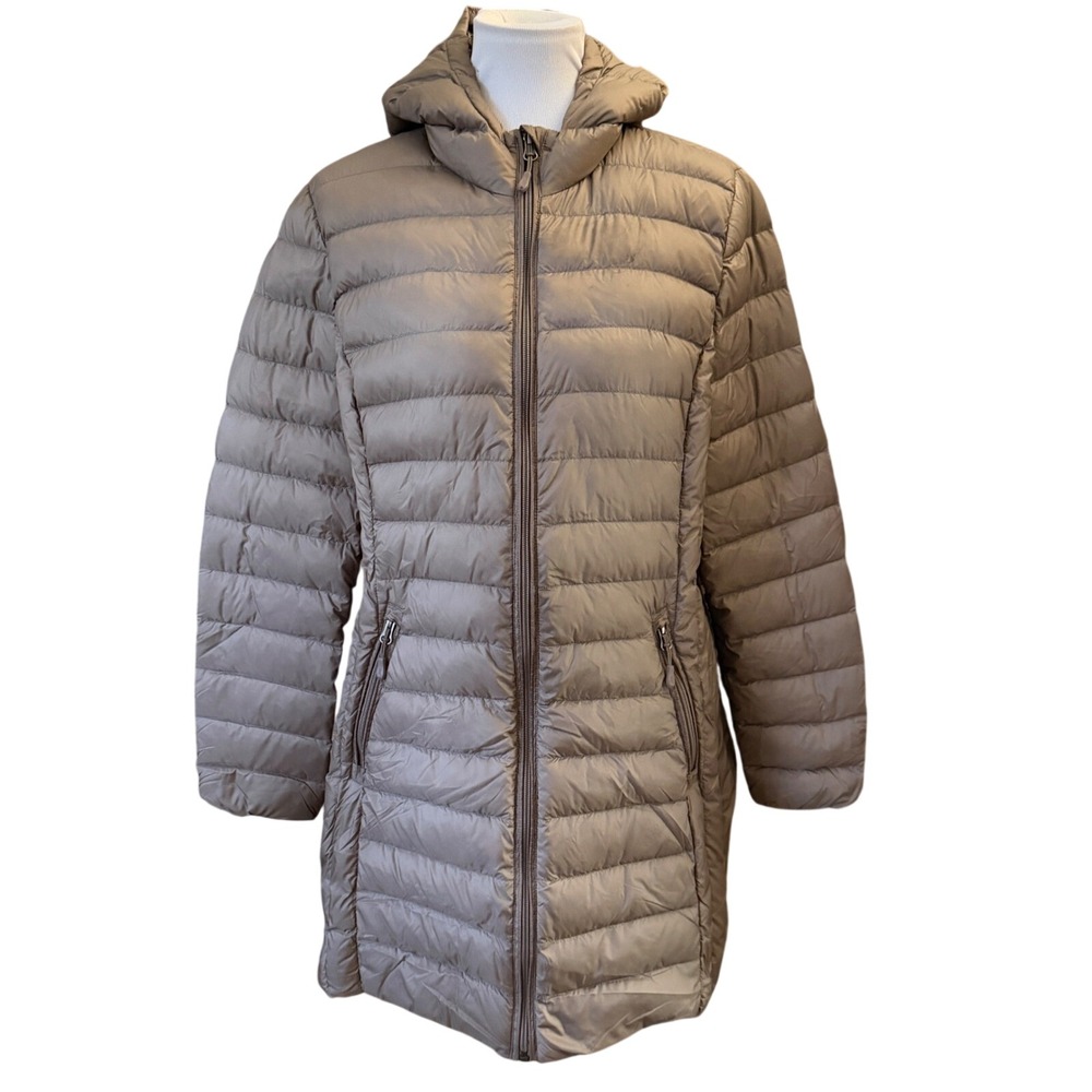 Aventure Long Down Puffer Coat Womens XL Taupe Hooded 90/10 Feather Winter Parka